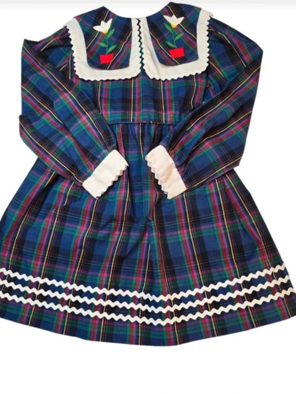 Vintage Plaid Long-Sleeve Dress With Flower Applique By Love